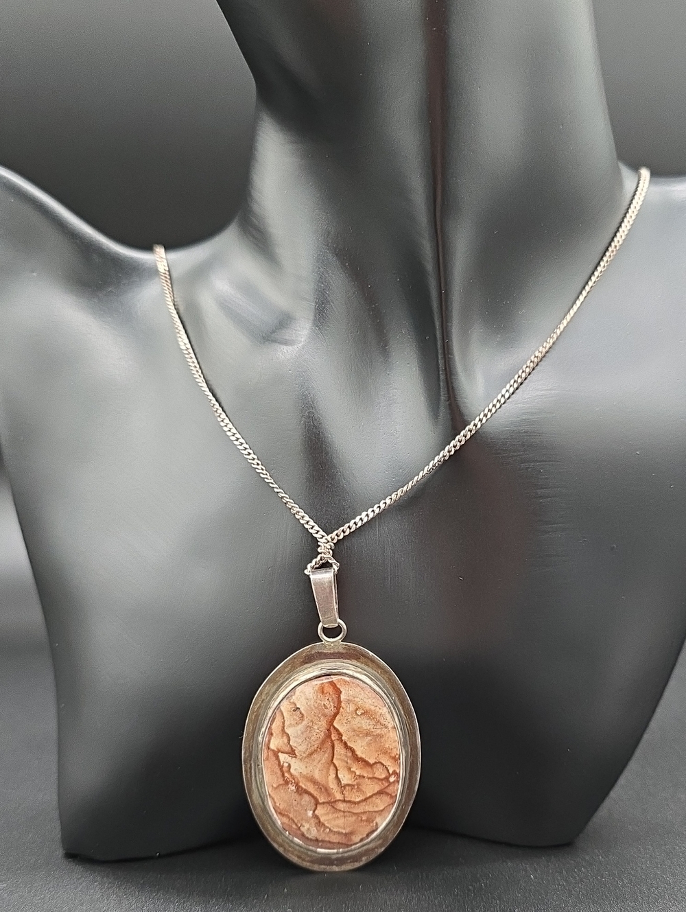 Sterling Silver Long Necklace with Oval Rosita Jasper Pendat #008]